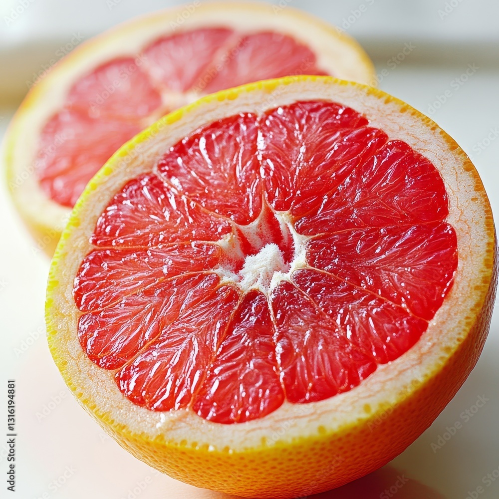 Halves of ripe grapefruit display a vibrant red interior set against a pristine white surface