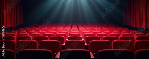 Empty red theater seats filled with soft light, isolation, stage, empty
