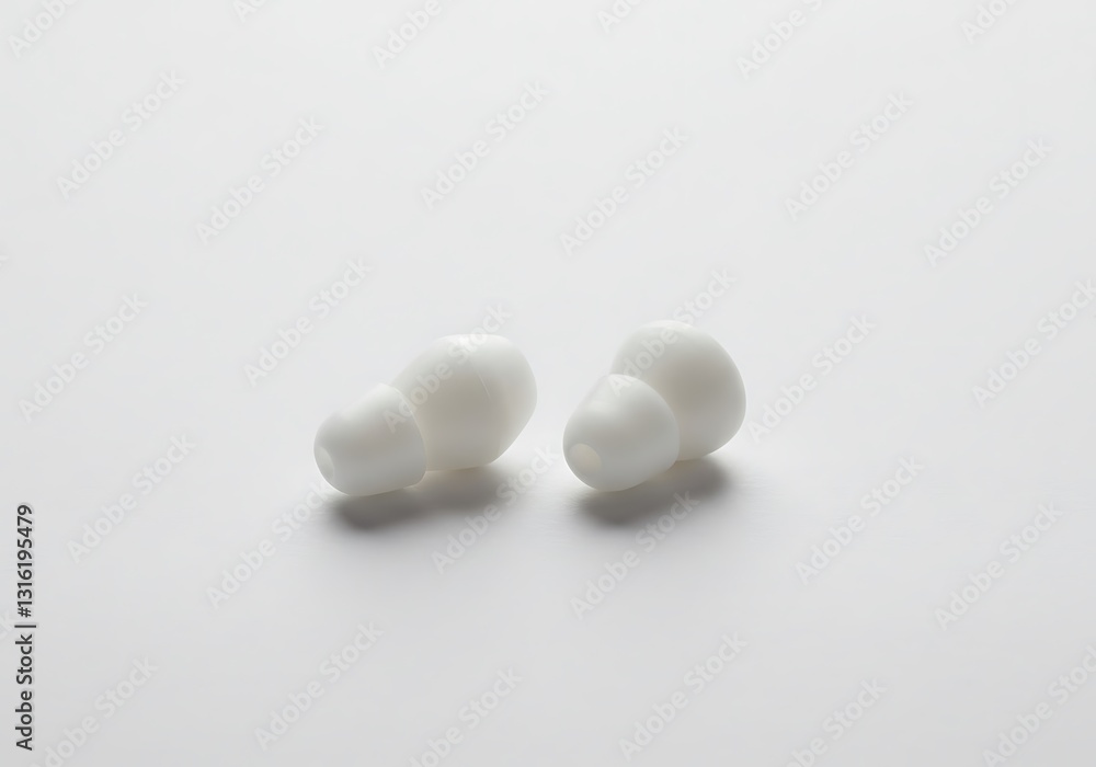 Studio Shot of Two White Wireless Earbud Tips on White Background Studio Shot of Two White Wireless Earbud Tips on White Background