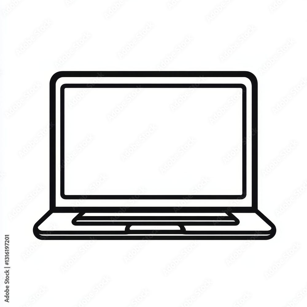 The silhouette of a black laptop in a minimalist linear style is shown with its screen open on a white backdrop The silhouette of a black laptop in a minimalist linear style is shown with its screen open on a white backdrop