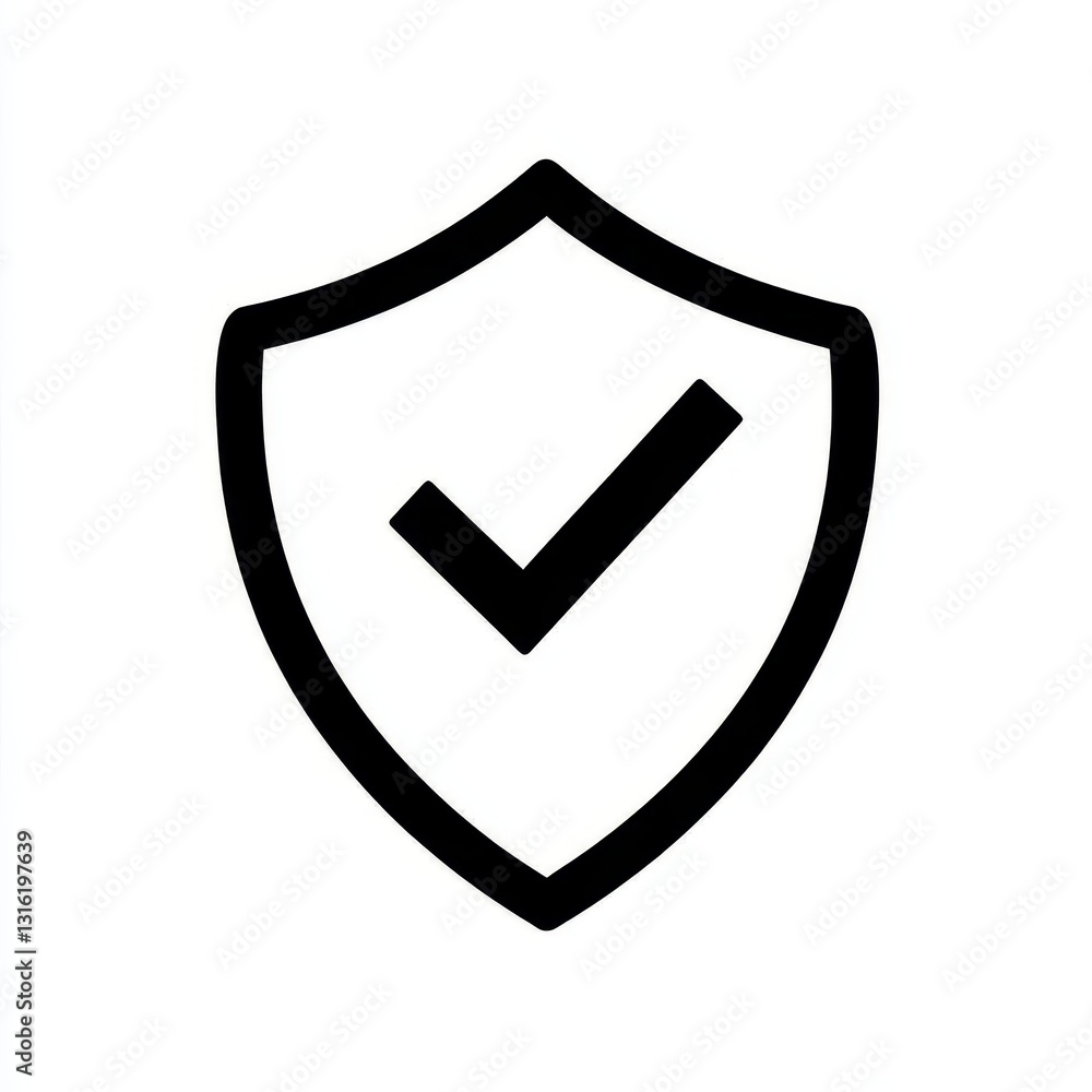 A black shield icon featuring a checkmark, signifying protection and security A black shield icon featuring a checkmark, signifying protection and security