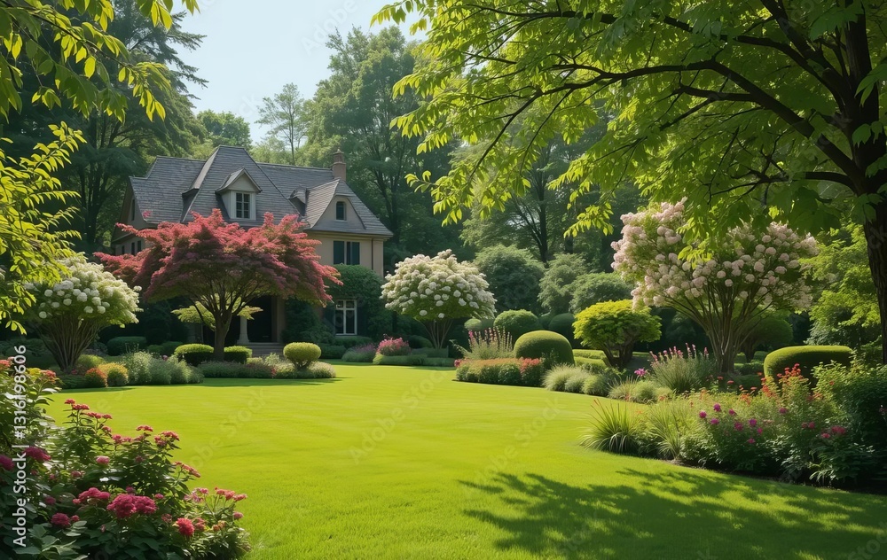 Fototapeta premium Lush green lawn and manicured gardens surround a beautiful suburban home on a sunny day.