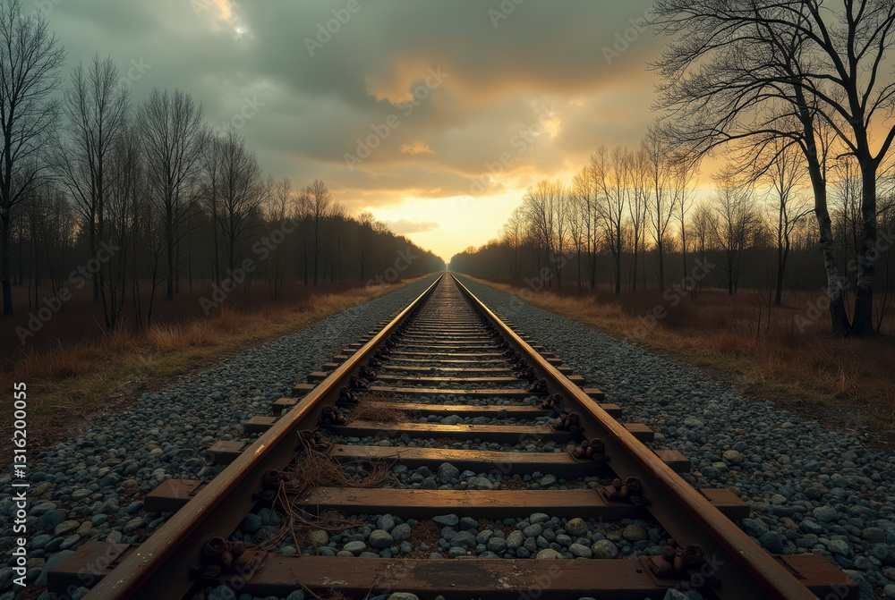 Fototapeta premium Dramatic sunset over railway tracks leading into distance