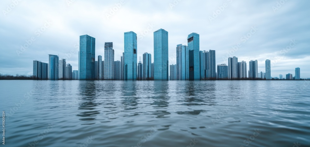 Fototapeta premium A modern skyline reflects on calm water under a cloudy sky, showcasing sleek architecture and urban development.