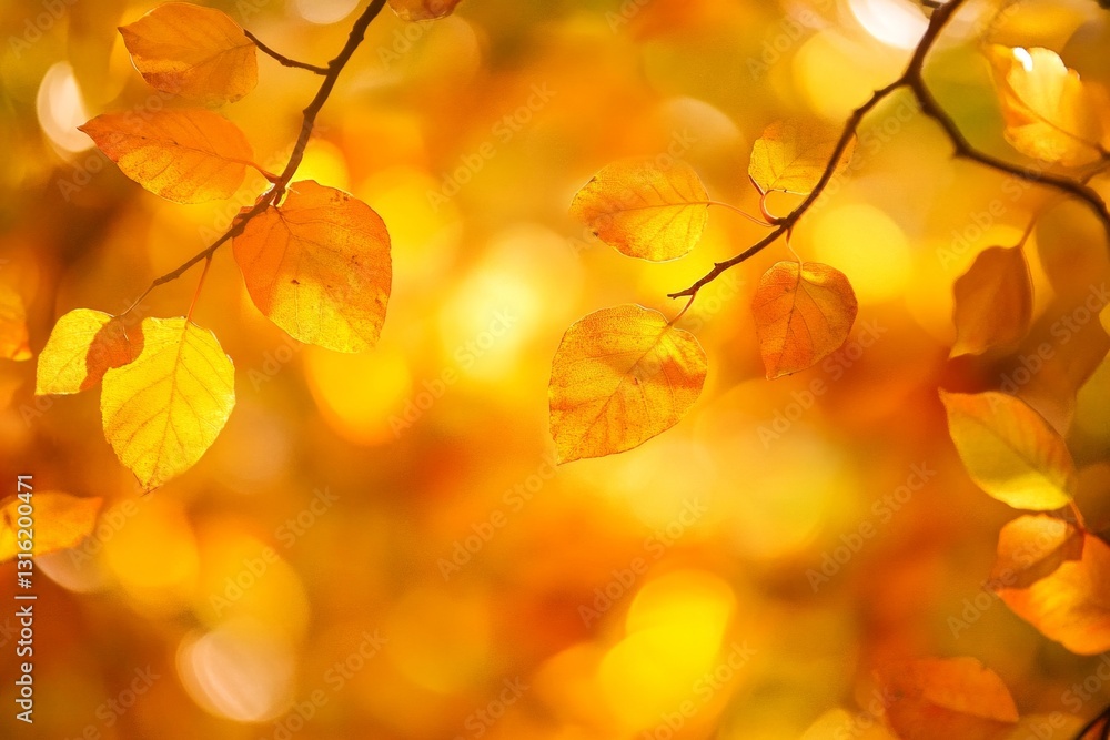 Golden autumn leaves with warm foliage and sunlit background Golden autumn leaves with warm foliage and sunlit background