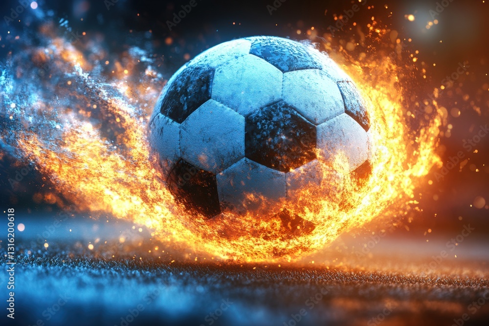 Naklejka premium Fiery soccer ball in motion, burning bright, dynamic sports imagery. Perfect for wallpapers, sports websites, and promotional materials.