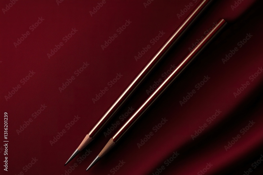 Naklejka premium Two elegant pencils on a rich red fabric background, creating a minimalist design.