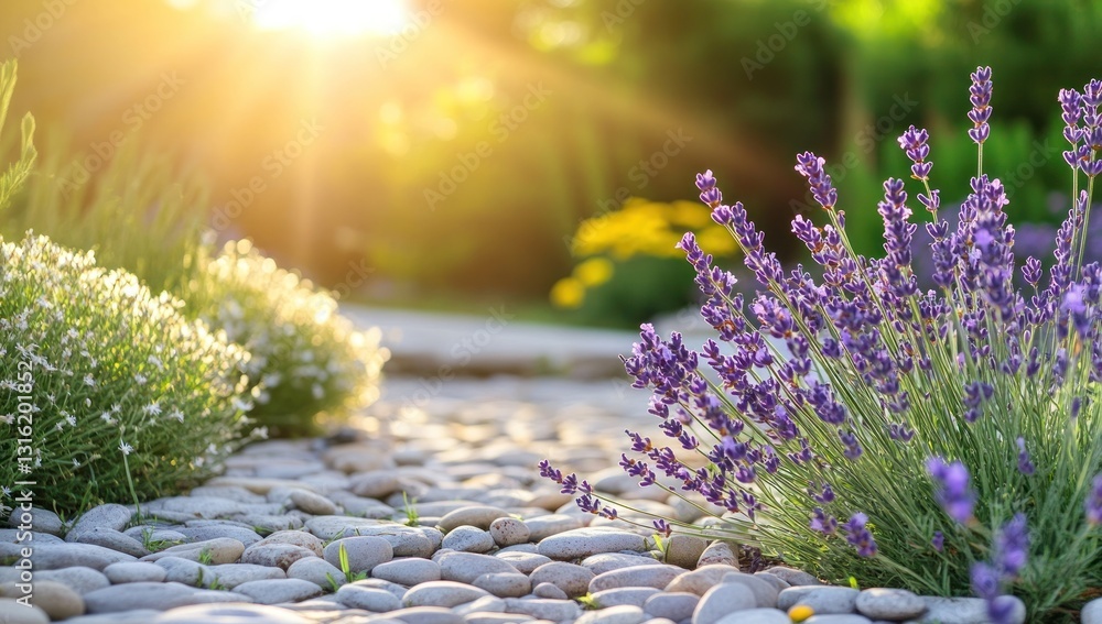 Obraz premium Sunlit garden path with lavender and white flowers.