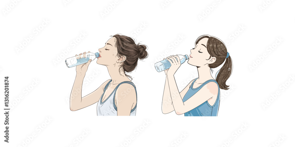 Print young woman happily drinking pure water from a water bottle Vector illustration on a white background. Print young woman happily drinking pure water from a water bottle Vector illustration on a white background.