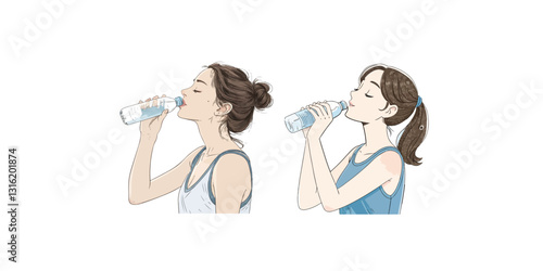 Print  young woman happily drinking pure water from a water  bottle  Vector illustration on a white background.