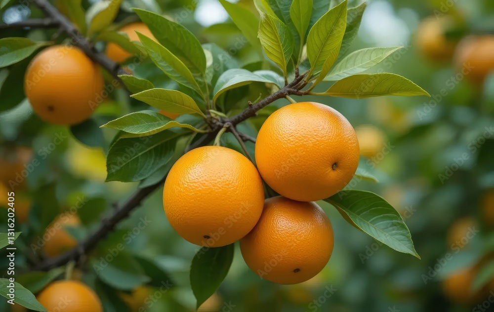 Ripe orange fruits cluster on a leafy branch in soft daylight Ripe orange fruits cluster on a leafy branch in soft daylight