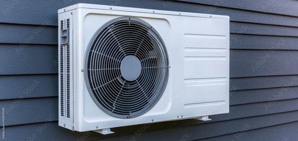 Fototapeta premium A white air conditioning unit mounted on a dark wall, designed for cooling and temperature control.