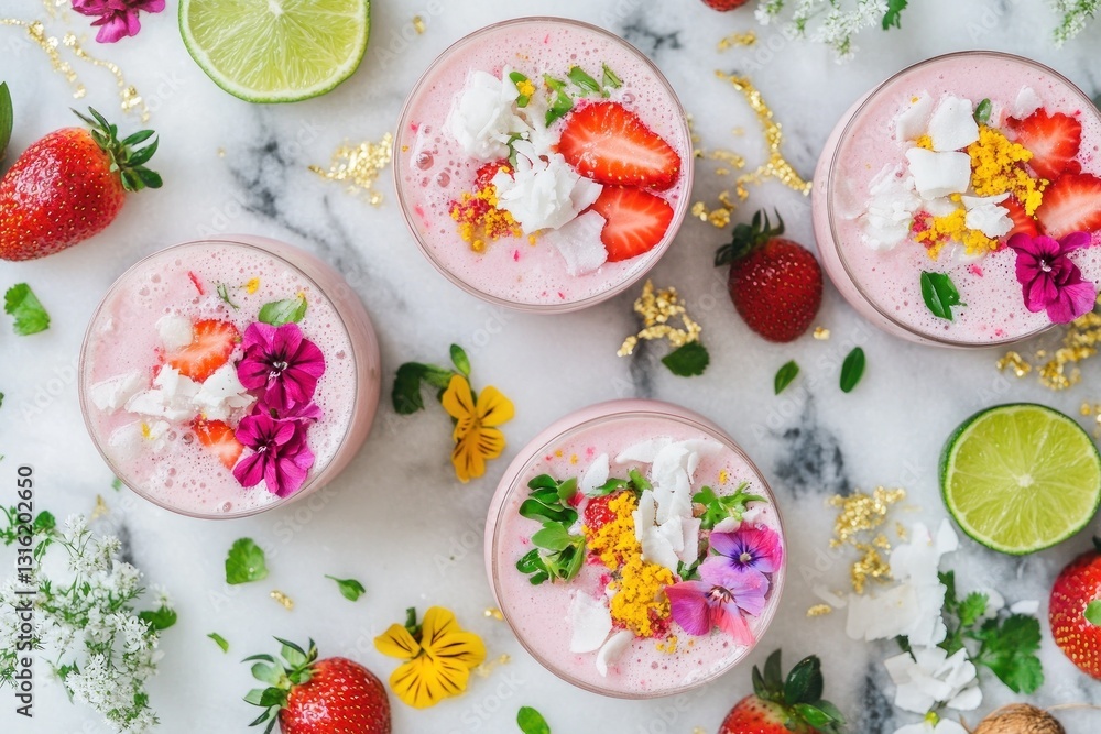 Four glasses of strawberry smoothies garnished with coconut flakes and edible flowers, arranged on a marble surface with fresh strawberries and lime slices. Four glasses of strawberry smoothies garnished with coconut flakes and edible flowers, arranged on a marble surface with fresh strawberries and lime slices.