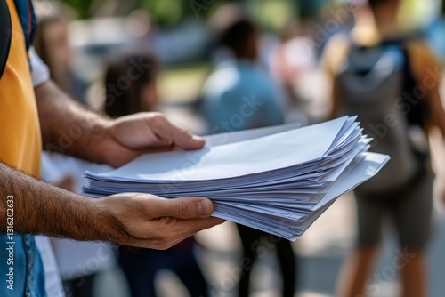Young adult male distributing flyers outdoors in a crowd