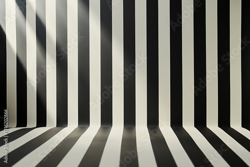 Black and white striped patterned wall with shadows in sunlight