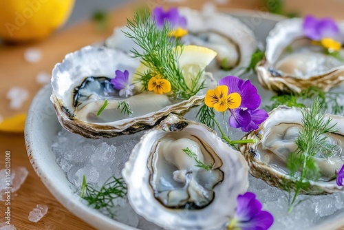 Fresh oysters on ice with lemon and edible flowers.
