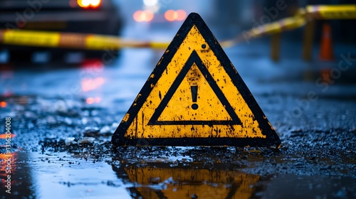 Prominent Hazard Warning Sign with Blaring Lights and Cordoned Off Risky Area in Industrial Setting