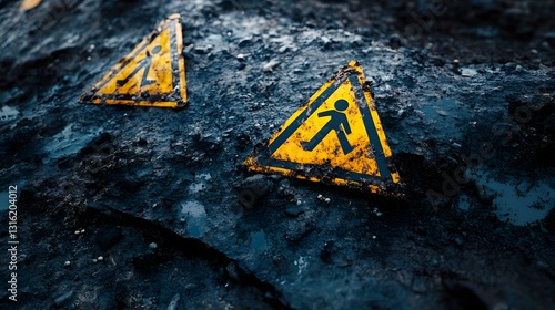 Professional Photography of Caution Signs at Remote Mining Outpost with Studio and Sharp Edges