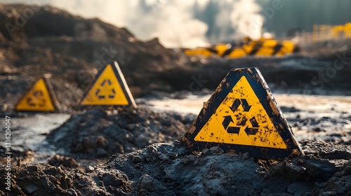 Hazard Markers Dotting a Rugged Dangerous Landscape with Industrial Safety Symbols and Signals