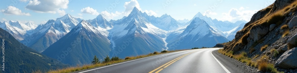 Fototapeta premium High altitude mountain road with snow-capped peaks, landscape, natural scenery