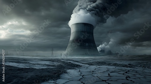 Towering Coal Fired Power Plant Belching Dark Smoke Against Ominous Stormy Sky