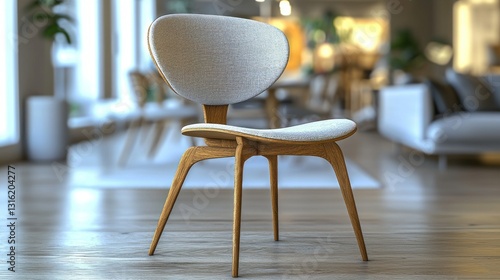Minimalist chair with light wood frame and textured seat, blurry background