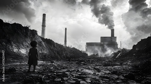 Child Amidst Industrial Desolation A Monochrome Portrait of Resilience