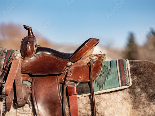 Close-up of a western leather saddle on a horse with colorful blanket