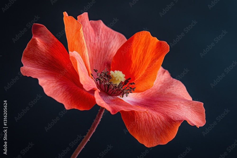 Naklejka premium Close-up of a single, vibrant orange poppy flower against a dark background, showcasing its delicate petals and intricate details.