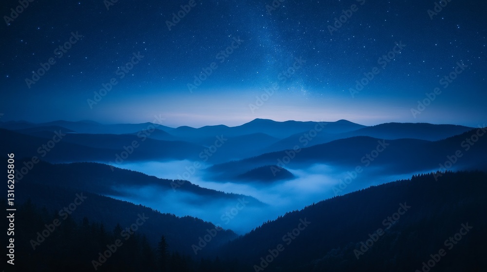 In the stillness of night, a serene mountain range emerges, cloaked in mist and illuminated by countless stars above. Shadows dance across rolling hills, creating an enchanting view In the stillness of night, a serene mountain range emerges, cloaked in mist and illuminated by countless stars above. Shadows dance across rolling hills, creating an enchanting view