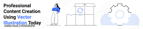 Woman contemplating ideas, open boxes with refresh icon, and a large gear symbolizing content creation, planning, workflow, innovation, and problem-solving. Ideal for strategy, business creativity
