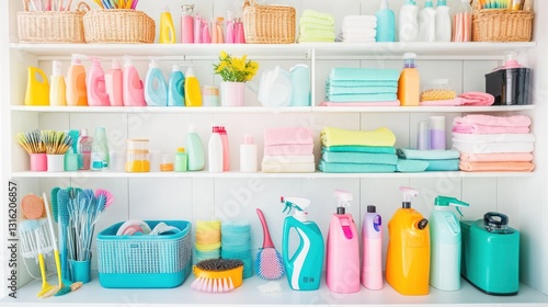 Colorful Cleaning Supplies on White Shelves