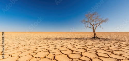 Wallpaper Mural A solitary tree stands on cracked earth beneath a clear blue sky, symbolizing resilience in a parched landscape. Torontodigital.ca