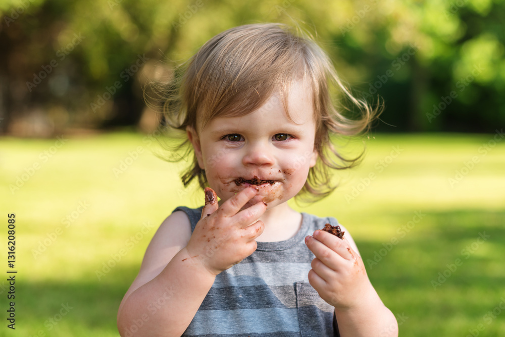 Baby boy with messy face and sticky hands eats chocolate cake outside Baby boy with messy face and sticky hands eats chocolate cake outside