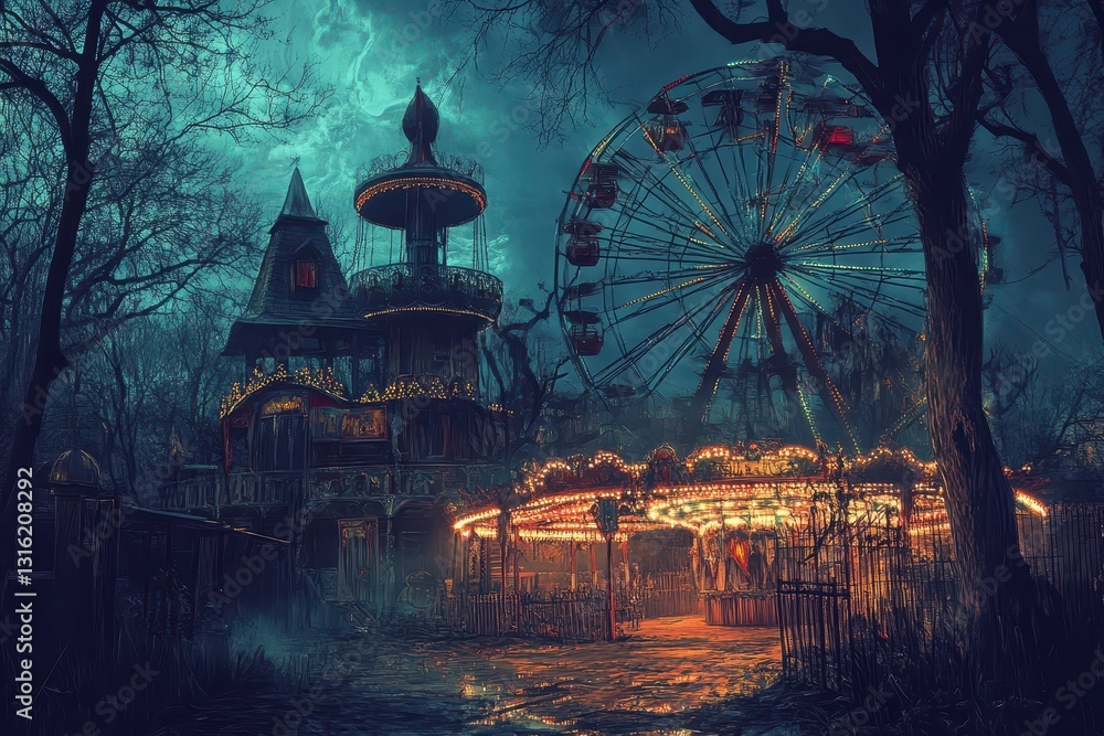 An illuminated haunted carnival with rides and ominous night sky An illuminated haunted carnival with rides and ominous night sky