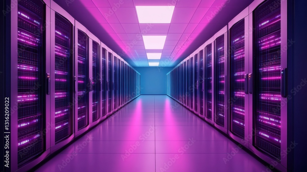 A futuristic server room featuring illuminated racks and a sleek hallway, emphasizing technology and digital infrastructure.
