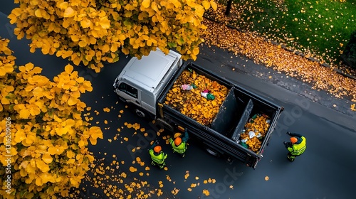 Autumn Leaf Removal: Aerial View of Workers Clearing Street in Fall AI Generated