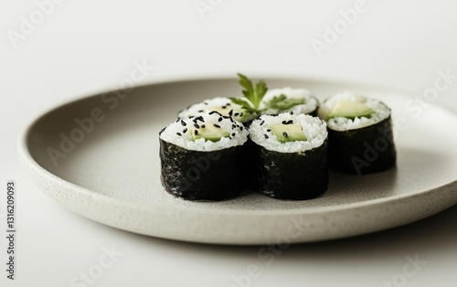 Wallpaper Mural Close-up of five avocado sushi rolls on a speckled beige plate, garnished with black sesame seeds and a sprig of parsley.  The background is a simple white surface Torontodigital.ca