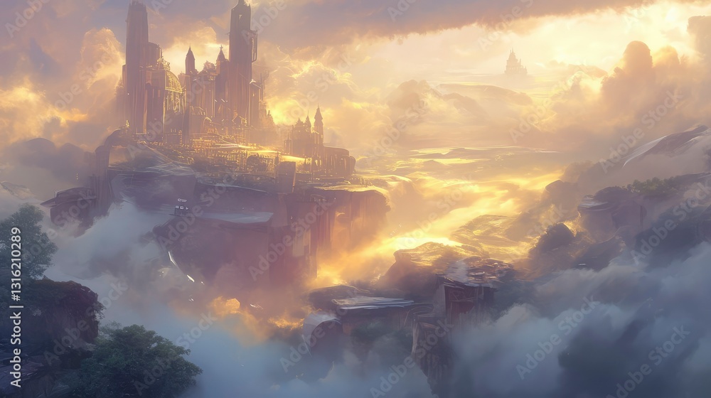 Fototapeta premium Golden Hour in the Cloud Kingdom A Majestic Floating Castle