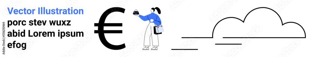 Businesswoman in blue shirt analyzing Euro symbol with clipboard, standing near abstract cloud. Ideal for finance, economy, banking, global trade, innovation, strategy, flat landing page banner Businesswoman in blue shirt analyzing Euro symbol with clipboard, standing near abstract cloud. Ideal for finance, economy, banking, global trade, innovation, strategy, flat landing page banner