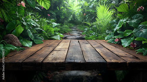 Wooden Tabletop in Lush Tropical Jungle Scene