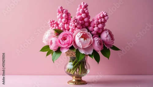 Fototapeta Naklejka Na Ścianę i Meble -  Pink hyacinths and peonies fill a large ornate glass vase with opulent luxury, pink, grand