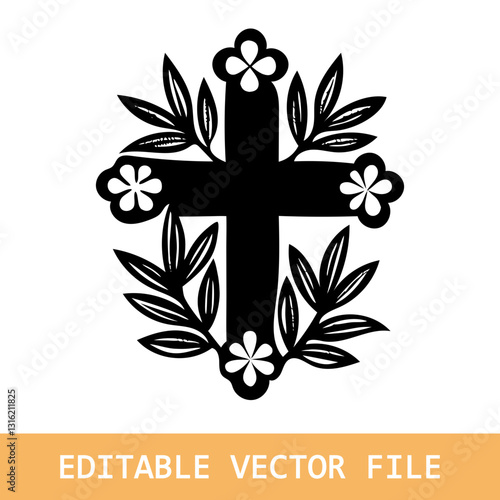 Flower Cross Made of Painted Floral Elements. Perfect for Easter, Baptism, and Christening Announcements