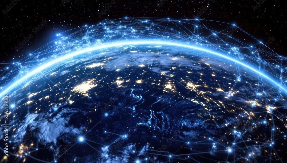 Global network connection, illuminated Earth at night. Global network connection, illuminated Earth at night.