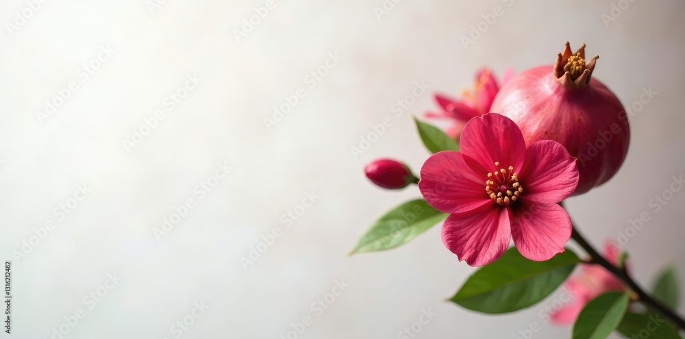 Fototapeta premium Pomegranate flowers against a soft white backdrop, solo, spring, bloom
