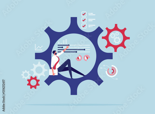 Business operations and management concept, thinking of a strategy and plan for a business, businessman or entrepreneur on a gear and setting slider bar interface to optimize system