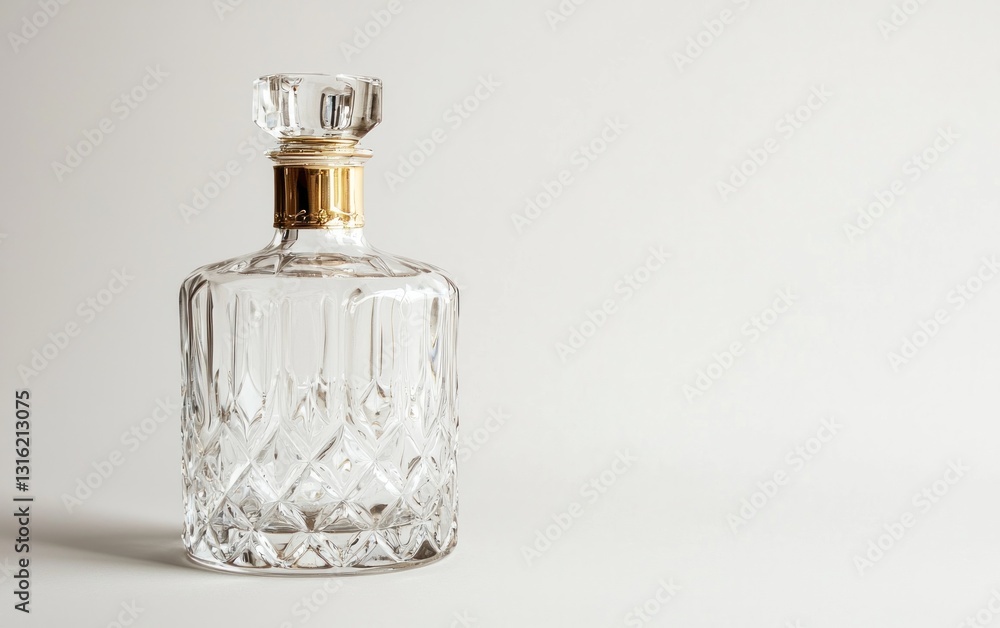 Crystal decanter with gold-tone top on a light beige background. The decanter is square with a cut glass pattern Crystal decanter with gold-tone top on a light beige background. The decanter is square with a cut glass pattern