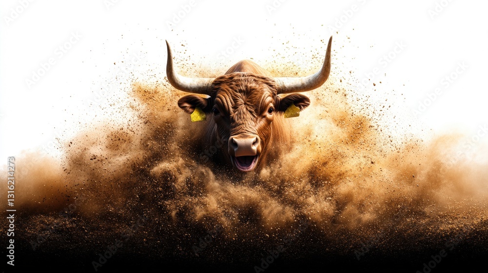 Naklejka premium Powerful bull surrounded by dust in a stunning backlit photograph showcasing the raw strength and energy of nature