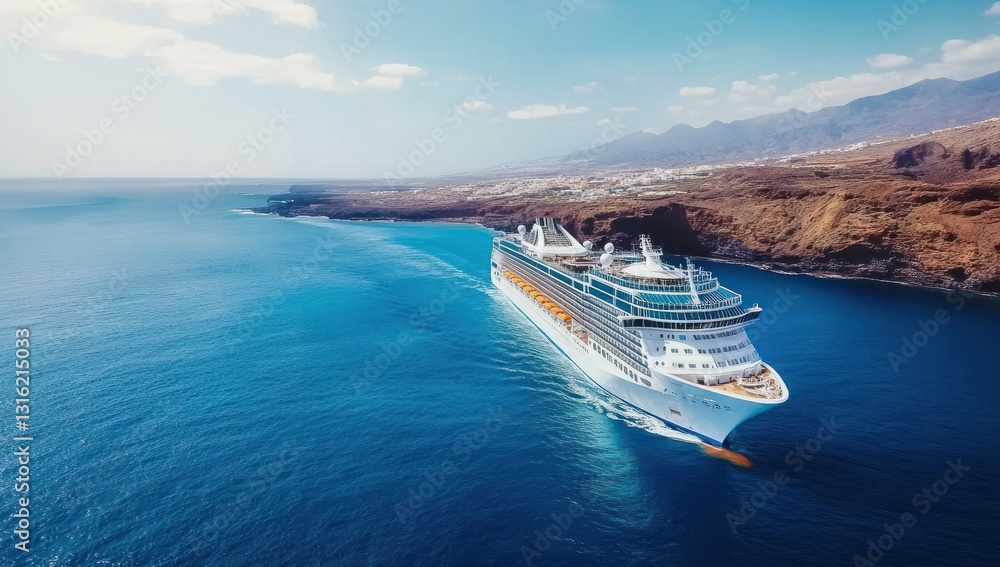 Obraz premium Aerial view of a cruise ship sailing near a mountainous coastline.