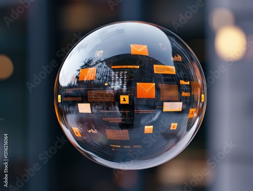 knowledge expansion cognition strategy concept. Translucent bubble with floating digital icons and text inside.